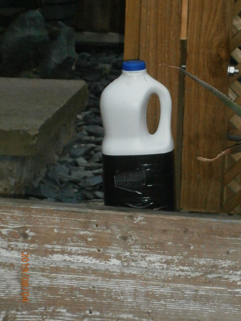 Alternative wasp catcher on a low
 wall outside apiary
